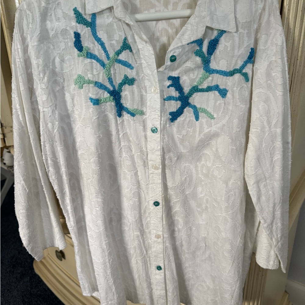 Embroidered White Blouse with Blue and Green Accents